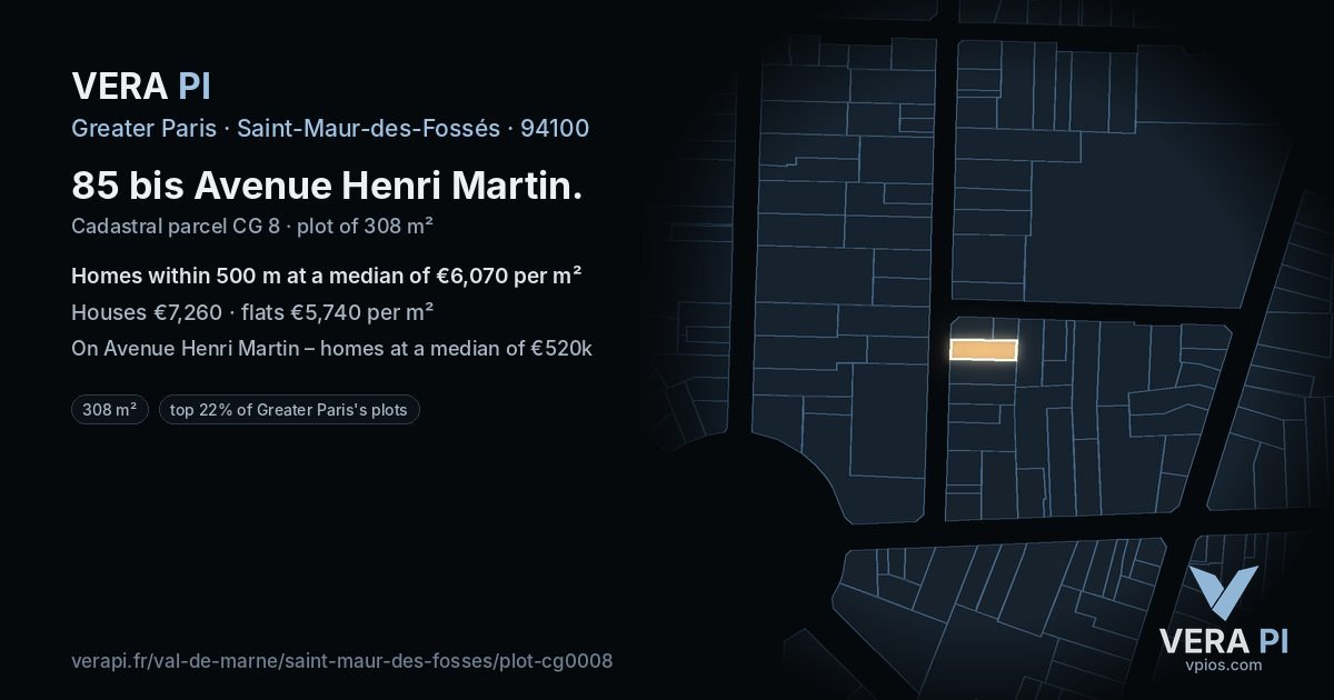 85 bis Avenue Henri Martin, Saint-Maur-des-Fossés at night – the plot lit, the parcels around coloured by the prices near them