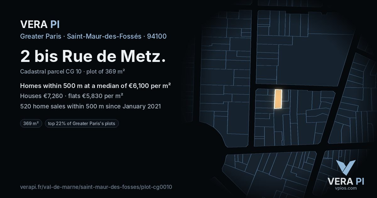2 bis Rue de Metz, Saint-Maur-des-Fossés at night – the plot lit, the parcels around coloured by the prices near them