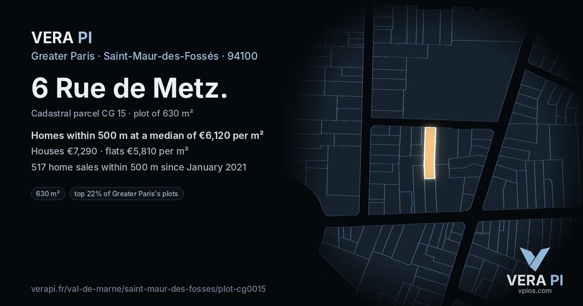 6 Rue de Metz, Saint-Maur-des-Fossés at night – the plot lit, the parcels around coloured by the prices near them