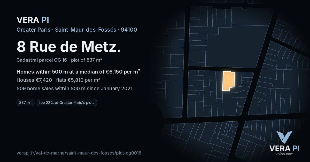 8 Rue de Metz, Saint-Maur-des-Fossés at night – the plot lit, the parcels around coloured by the prices near them