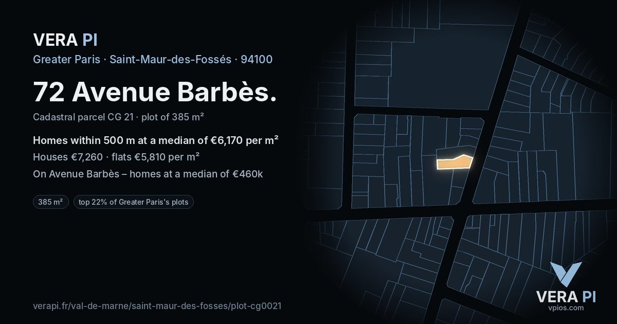 72 Avenue Barbès, Saint-Maur-des-Fossés at night – the plot lit, the parcels around coloured by the prices near them