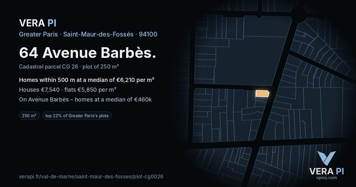 64 Avenue Barbès, Saint-Maur-des-Fossés at night – the plot lit, the parcels around coloured by the prices near them