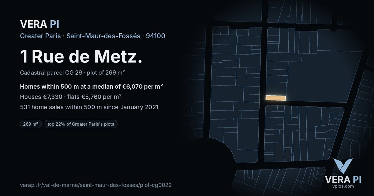 1 Rue de Metz, Saint-Maur-des-Fossés at night – the plot lit, the parcels around coloured by the prices near them