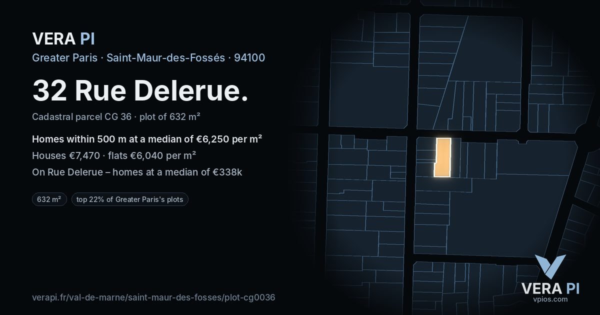 32 Rue Delerue, Saint-Maur-des-Fossés at night – the plot lit, the parcels around coloured by the prices near them