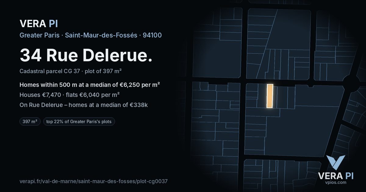 34 Rue Delerue, Saint-Maur-des-Fossés at night – the plot lit, the parcels around coloured by the prices near them