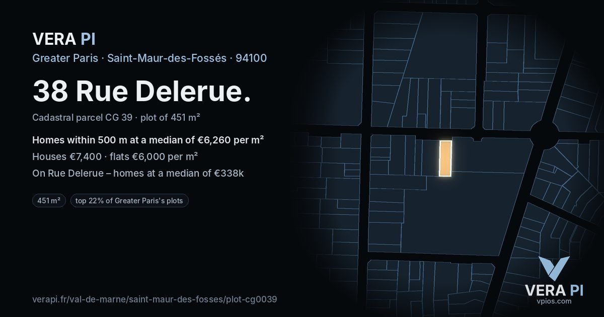 38 Rue Delerue, Saint-Maur-des-Fossés at night – the plot lit, the parcels around coloured by the prices near them