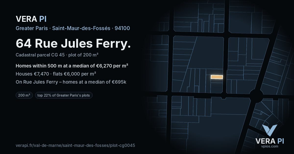 64 Rue Jules Ferry, Saint-Maur-des-Fossés at night – the plot lit, the parcels around coloured by the prices near them