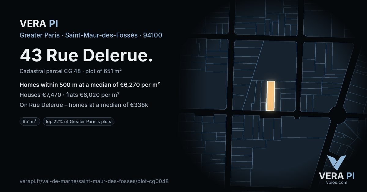 43 Rue Delerue, Saint-Maur-des-Fossés at night – the plot lit, the parcels around coloured by the prices near them
