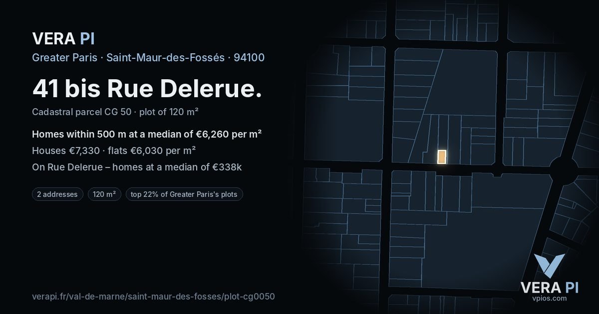 41 bis Rue Delerue, Saint-Maur-des-Fossés at night – the plot lit, the parcels around coloured by the prices near them