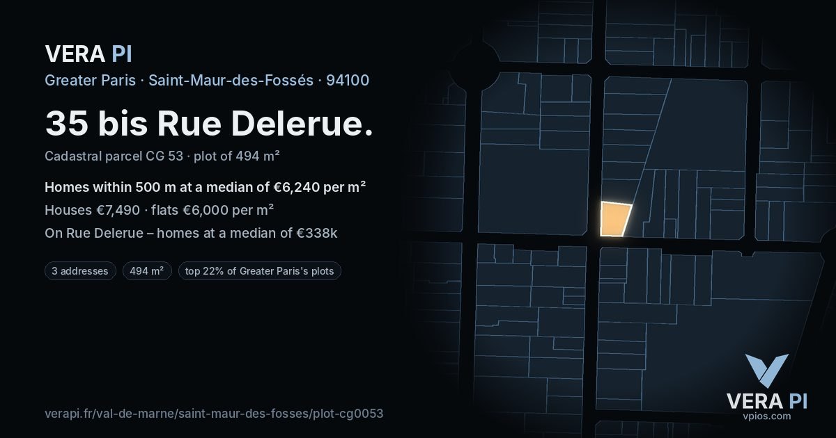 35 bis Rue Delerue, Saint-Maur-des-Fossés at night – the plot lit, the parcels around coloured by the prices near them
