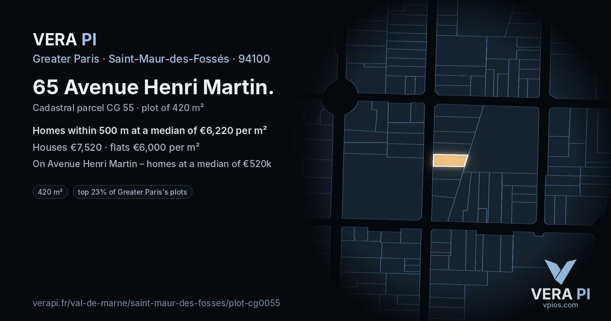 65 Avenue Henri Martin, Saint-Maur-des-Fossés at night – the plot lit, the parcels around coloured by the prices near them