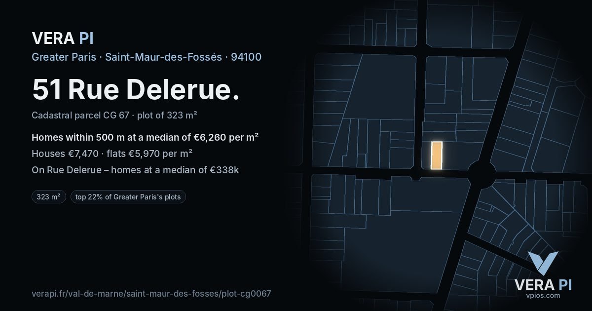 51 Rue Delerue, Saint-Maur-des-Fossés at night – the plot lit, the parcels around coloured by the prices near them