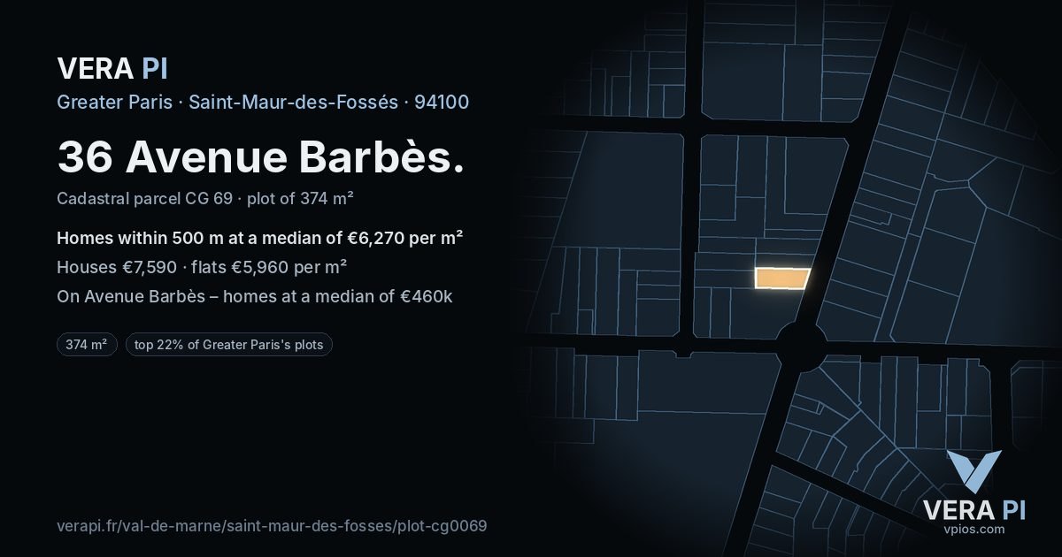 36 Avenue Barbès, Saint-Maur-des-Fossés at night – the plot lit, the parcels around coloured by the prices near them
