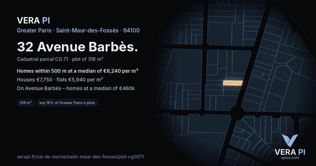 32 Avenue Barbès, Saint-Maur-des-Fossés at night – the plot lit, the parcels around coloured by the prices near them