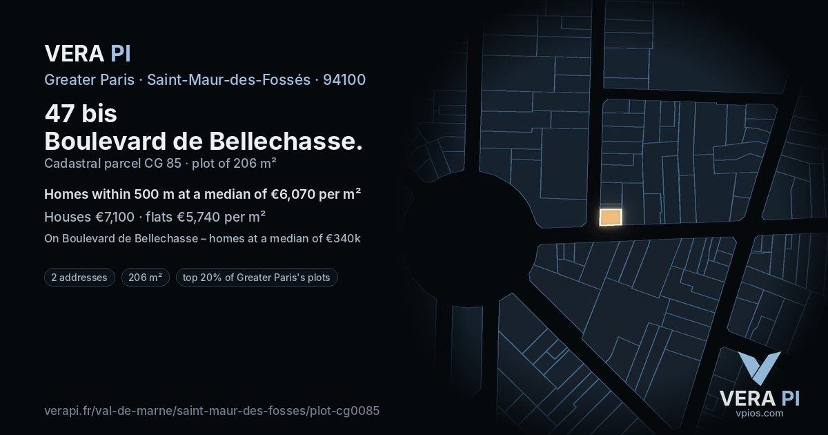 47 bis Boulevard de Bellechasse, Saint-Maur-des-Fossés at night – the plot lit, the parcels around coloured by the prices near them
