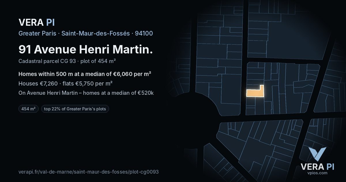 91 Avenue Henri Martin, Saint-Maur-des-Fossés at night – the plot lit, the parcels around coloured by the prices near them
