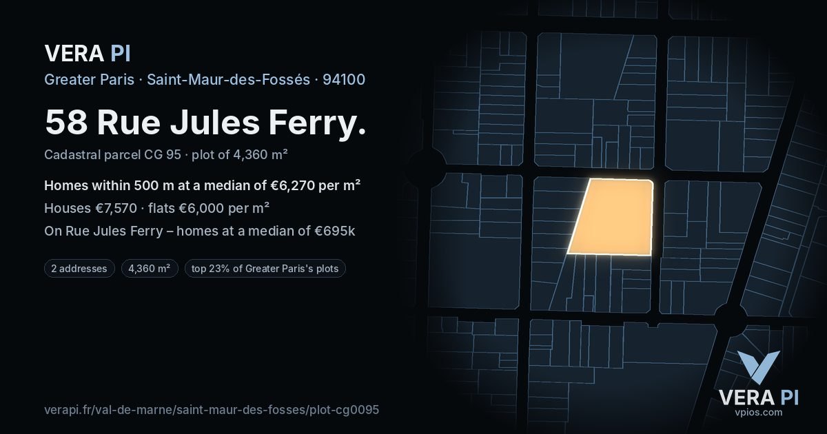 58 Rue Jules Ferry, Saint-Maur-des-Fossés at night – the plot lit, the parcels around coloured by the prices near them