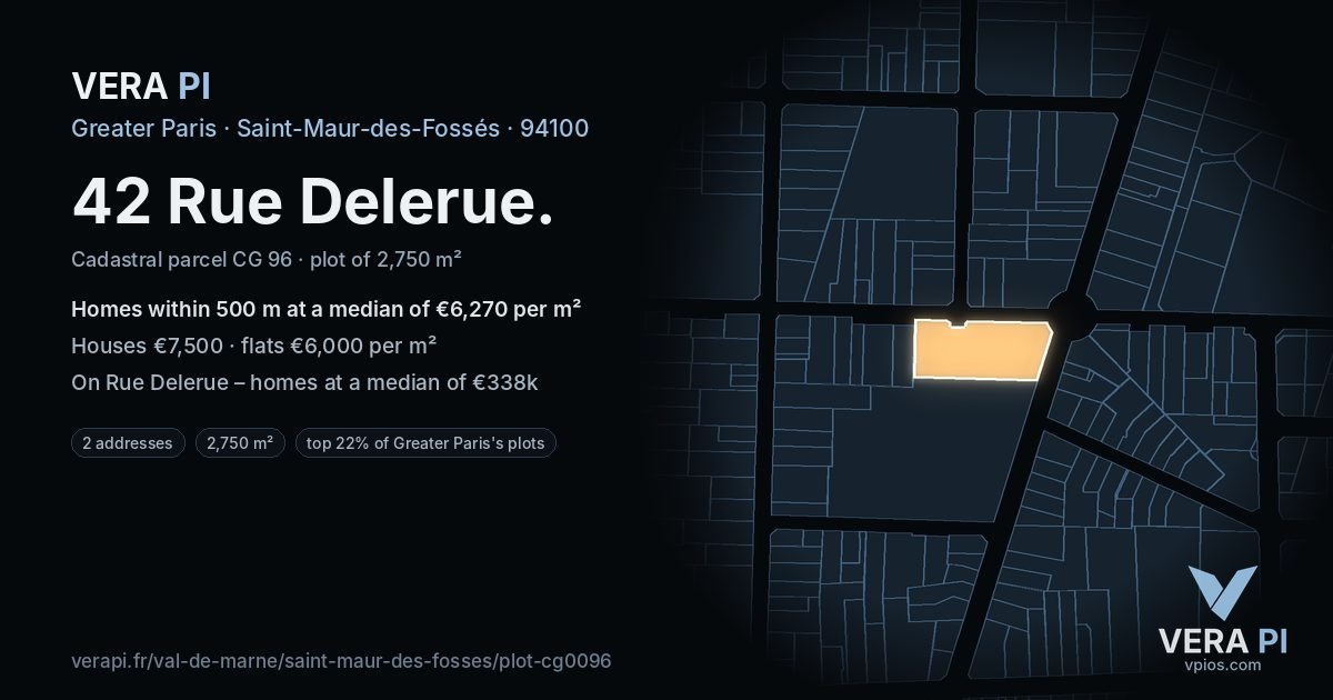 42 Rue Delerue, Saint-Maur-des-Fossés at night – the plot lit, the parcels around coloured by the prices near them