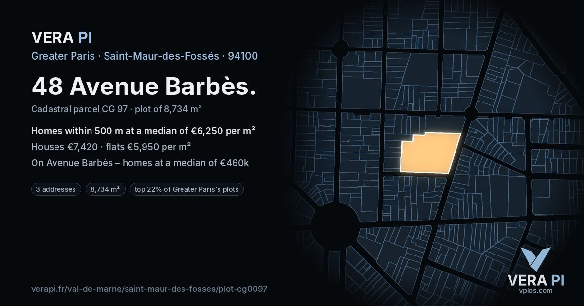 48 Avenue Barbès, Saint-Maur-des-Fossés at night – the plot lit, the parcels around coloured by the prices near them