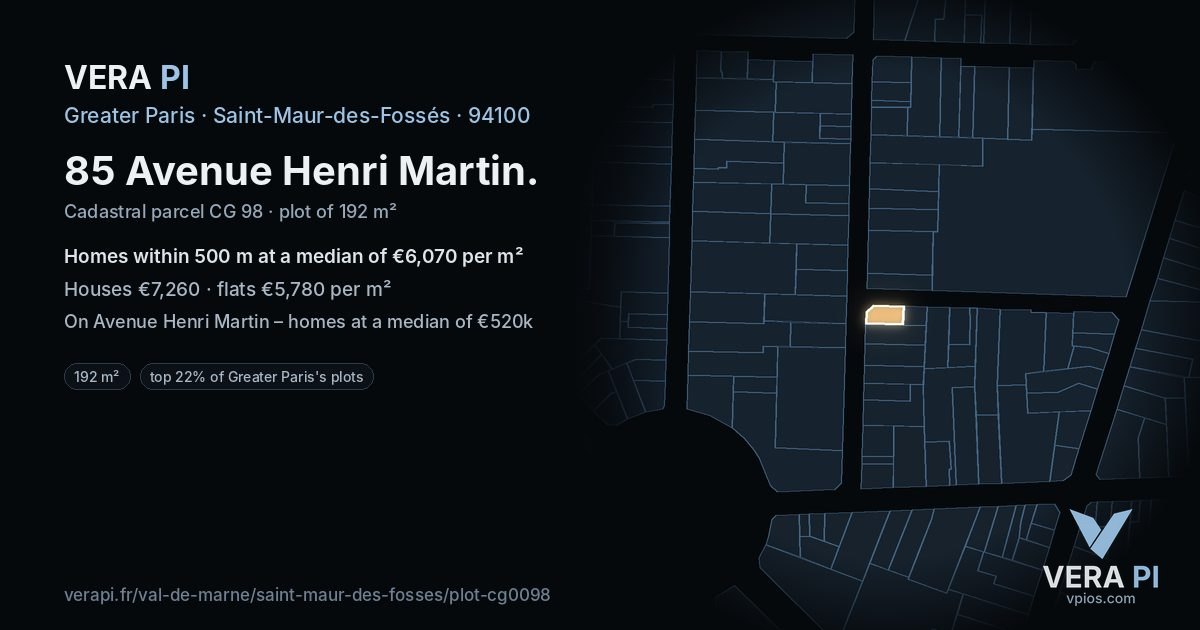 85 Avenue Henri Martin, Saint-Maur-des-Fossés at night – the plot lit, the parcels around coloured by the prices near them