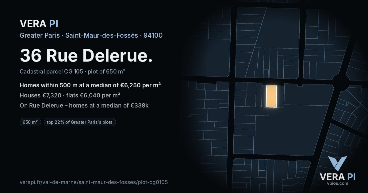 36 Rue Delerue, Saint-Maur-des-Fossés at night – the plot lit, the parcels around coloured by the prices near them