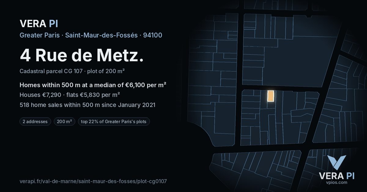 4 Rue de Metz, Saint-Maur-des-Fossés at night – the plot lit, the parcels around coloured by the prices near them