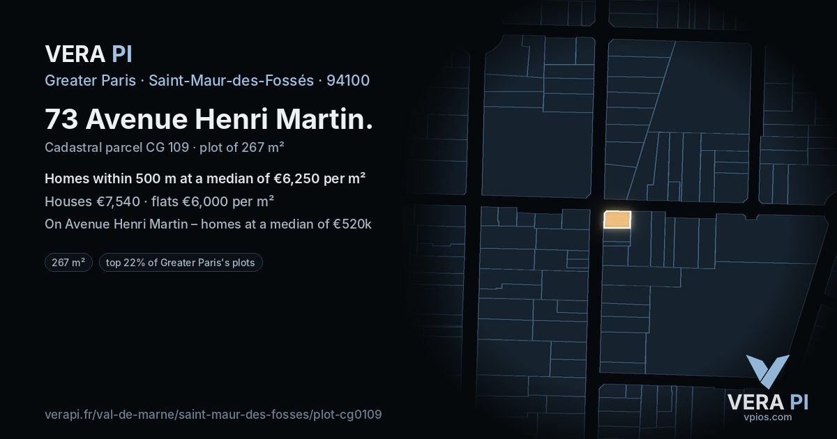 73 Avenue Henri Martin, Saint-Maur-des-Fossés at night – the plot lit, the parcels around coloured by the prices near them