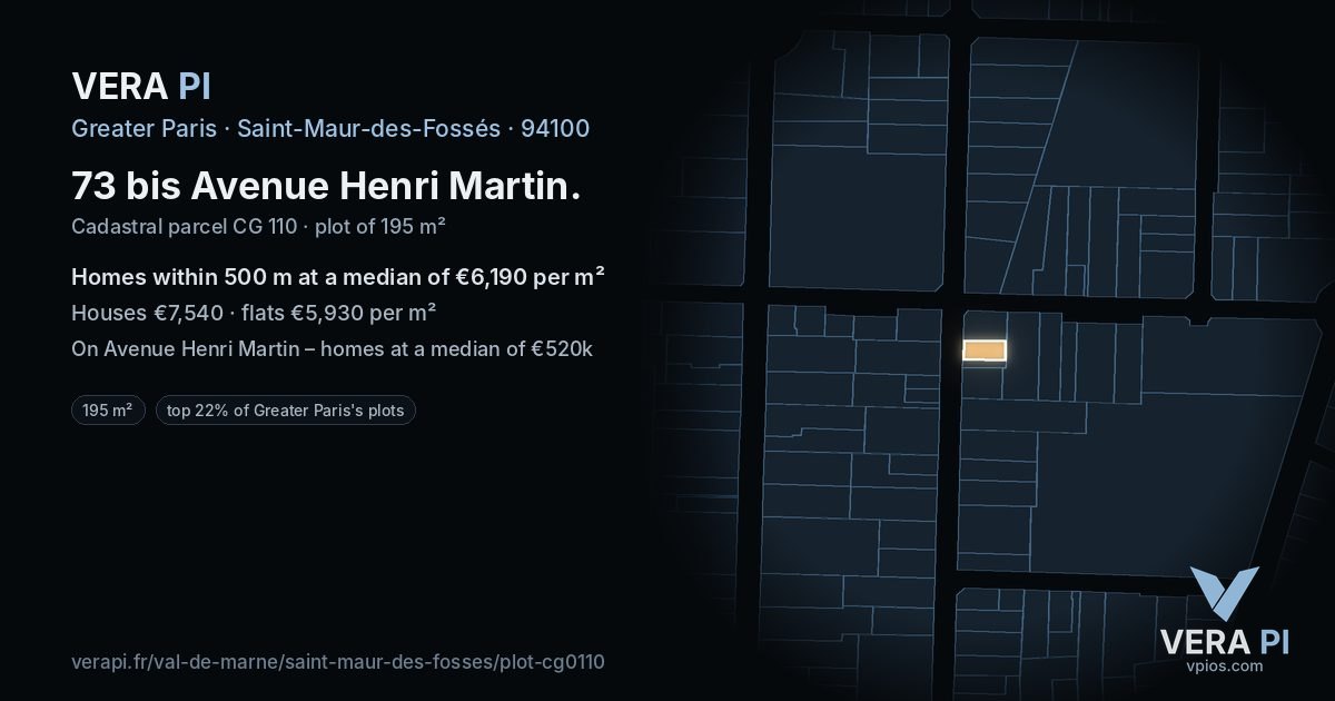 73 bis Avenue Henri Martin, Saint-Maur-des-Fossés at night – the plot lit, the parcels around coloured by the prices near them