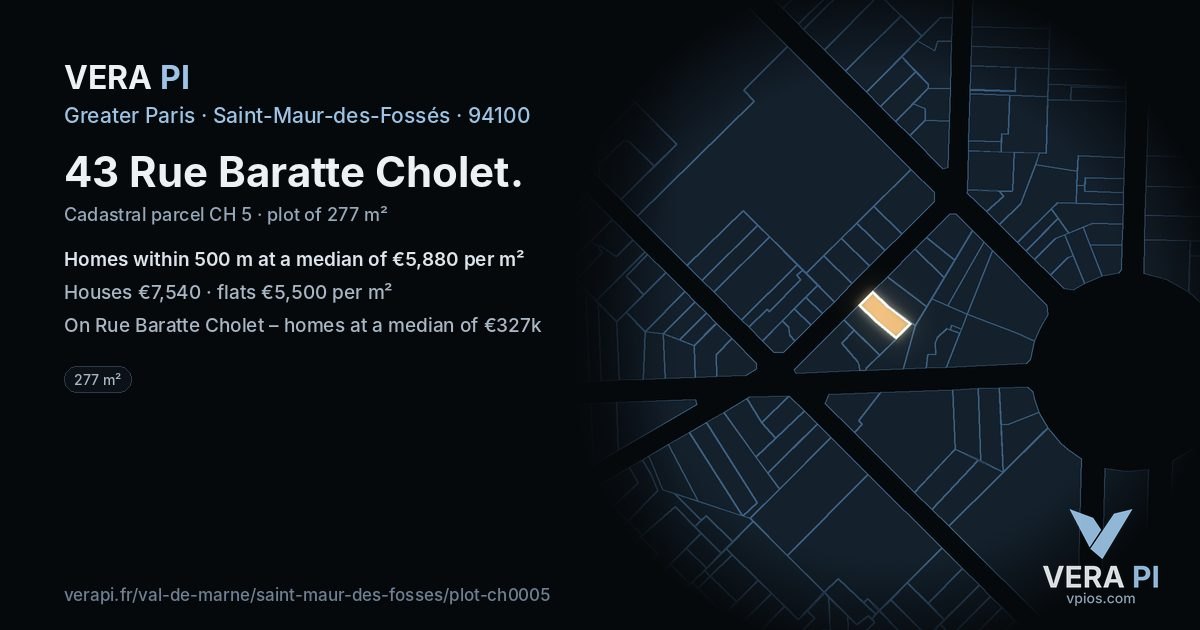 43 Rue Baratte Cholet, Saint-Maur-des-Fossés at night – the plot lit, the parcels around coloured by the prices near them