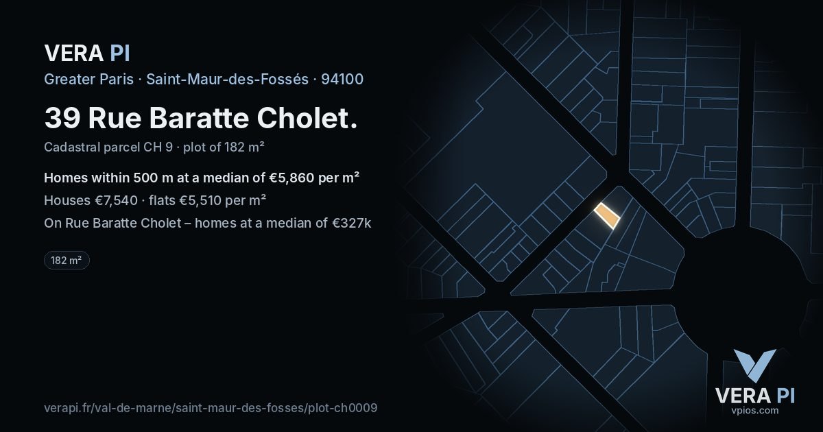 39 Rue Baratte Cholet, Saint-Maur-des-Fossés at night – the plot lit, the parcels around coloured by the prices near them