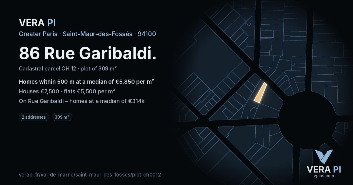 86 Rue Garibaldi, Saint-Maur-des-Fossés at night – the plot lit, the parcels around coloured by the prices near them