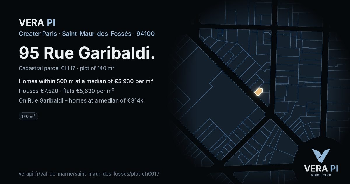 95 Rue Garibaldi, Saint-Maur-des-Fossés at night – the plot lit, the parcels around coloured by the prices near them