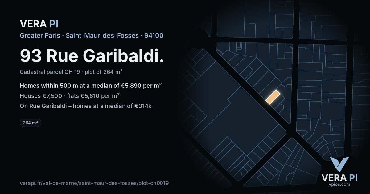 93 Rue Garibaldi, Saint-Maur-des-Fossés at night – the plot lit, the parcels around coloured by the prices near them