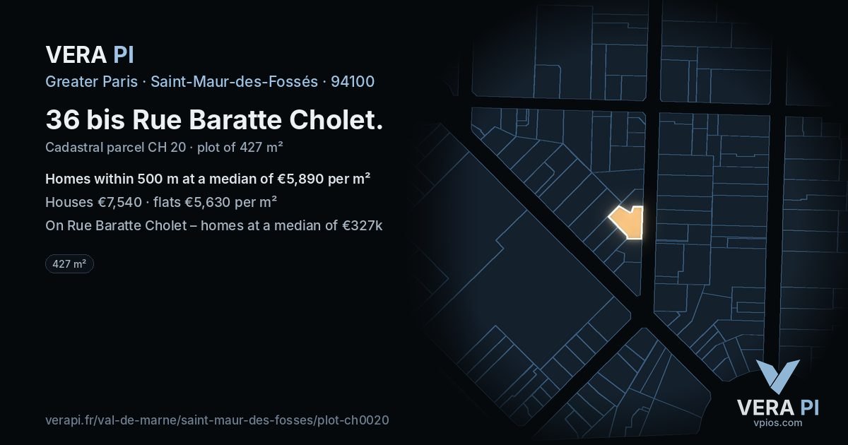 36 bis Rue Baratte Cholet, Saint-Maur-des-Fossés at night – the plot lit, the parcels around coloured by the prices near them