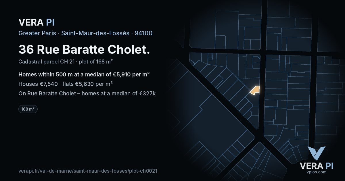 36 Rue Baratte Cholet, Saint-Maur-des-Fossés at night – the plot lit, the parcels around coloured by the prices near them