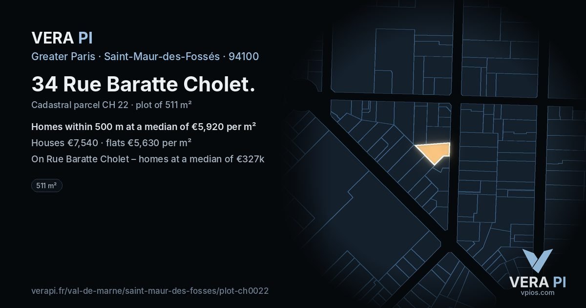 34 Rue Baratte Cholet, Saint-Maur-des-Fossés at night – the plot lit, the parcels around coloured by the prices near them