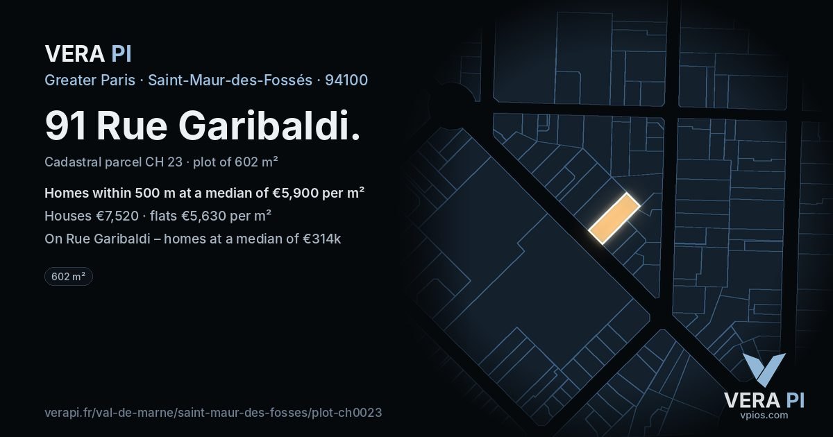 91 Rue Garibaldi, Saint-Maur-des-Fossés at night – the plot lit, the parcels around coloured by the prices near them