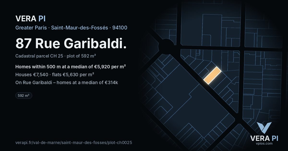 87 Rue Garibaldi, Saint-Maur-des-Fossés at night – the plot lit, the parcels around coloured by the prices near them