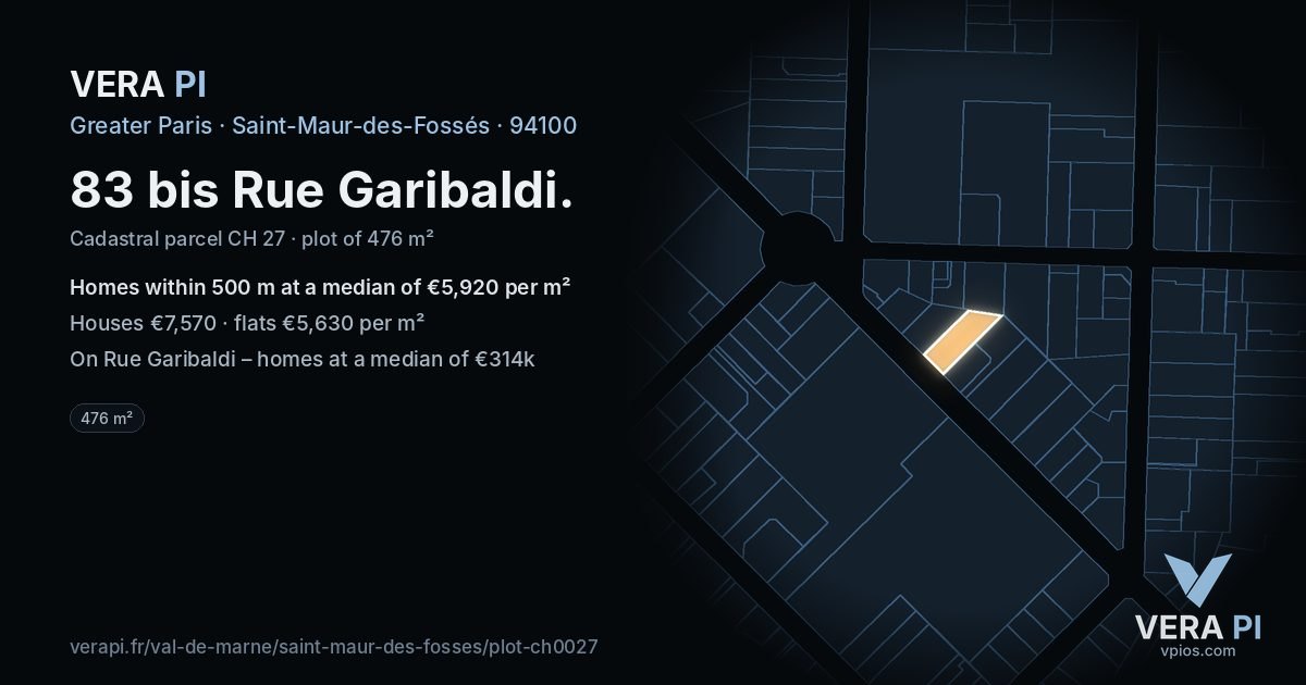 83 bis Rue Garibaldi, Saint-Maur-des-Fossés at night – the plot lit, the parcels around coloured by the prices near them