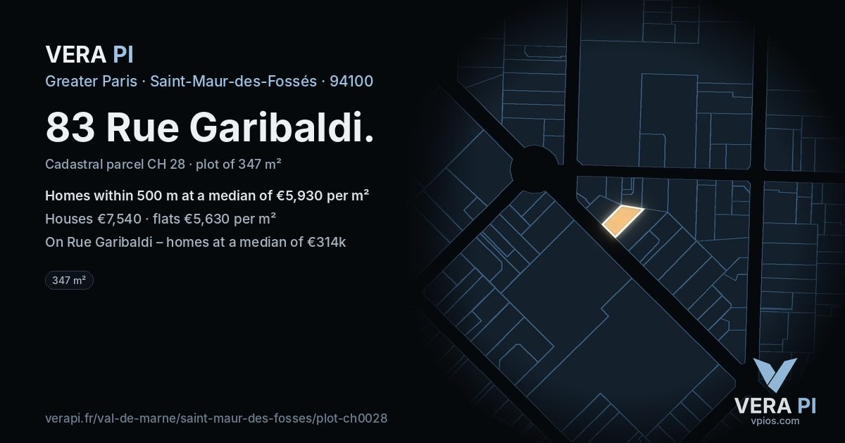 83 Rue Garibaldi, Saint-Maur-des-Fossés at night – the plot lit, the parcels around coloured by the prices near them