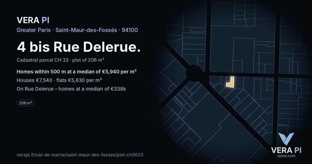 4 bis Rue Delerue, Saint-Maur-des-Fossés at night – the plot lit, the parcels around coloured by the prices near them