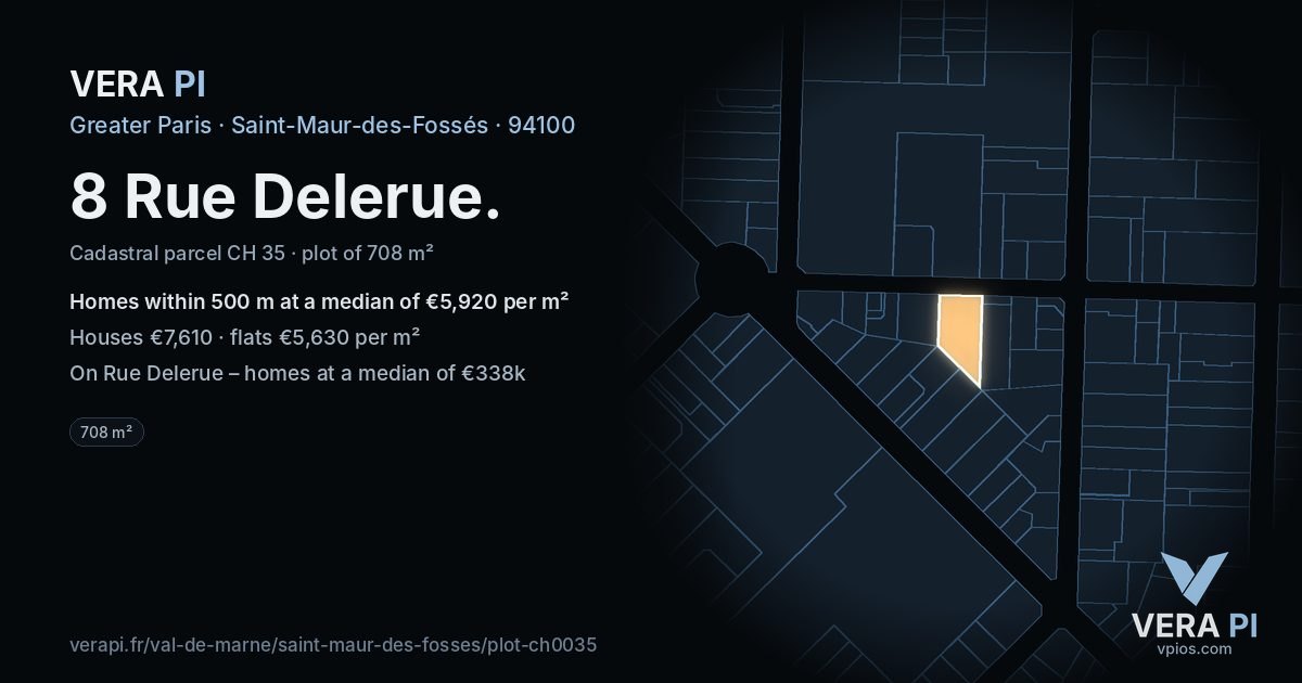 8 Rue Delerue, Saint-Maur-des-Fossés at night – the plot lit, the parcels around coloured by the prices near them