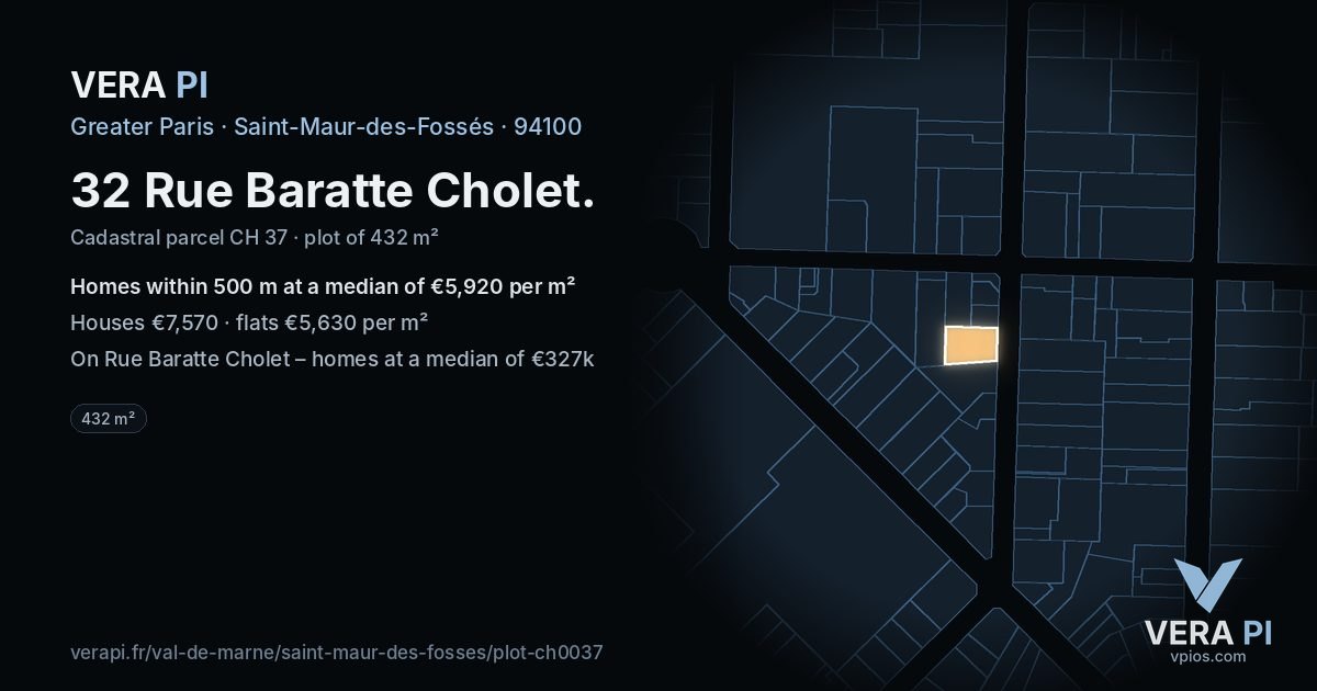 32 Rue Baratte Cholet, Saint-Maur-des-Fossés at night – the plot lit, the parcels around coloured by the prices near them