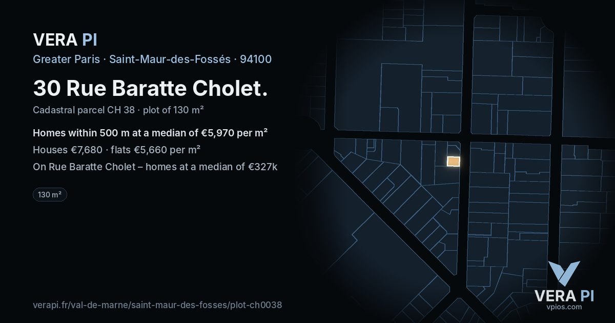 30 Rue Baratte Cholet, Saint-Maur-des-Fossés at night – the plot lit, the parcels around coloured by the prices near them