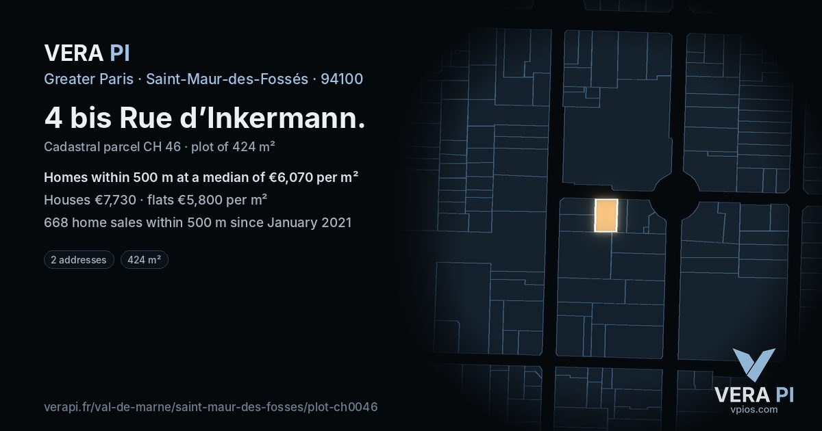 4 bis Rue d’Inkermann, Saint-Maur-des-Fossés at night – the plot lit, the parcels around coloured by the prices near them