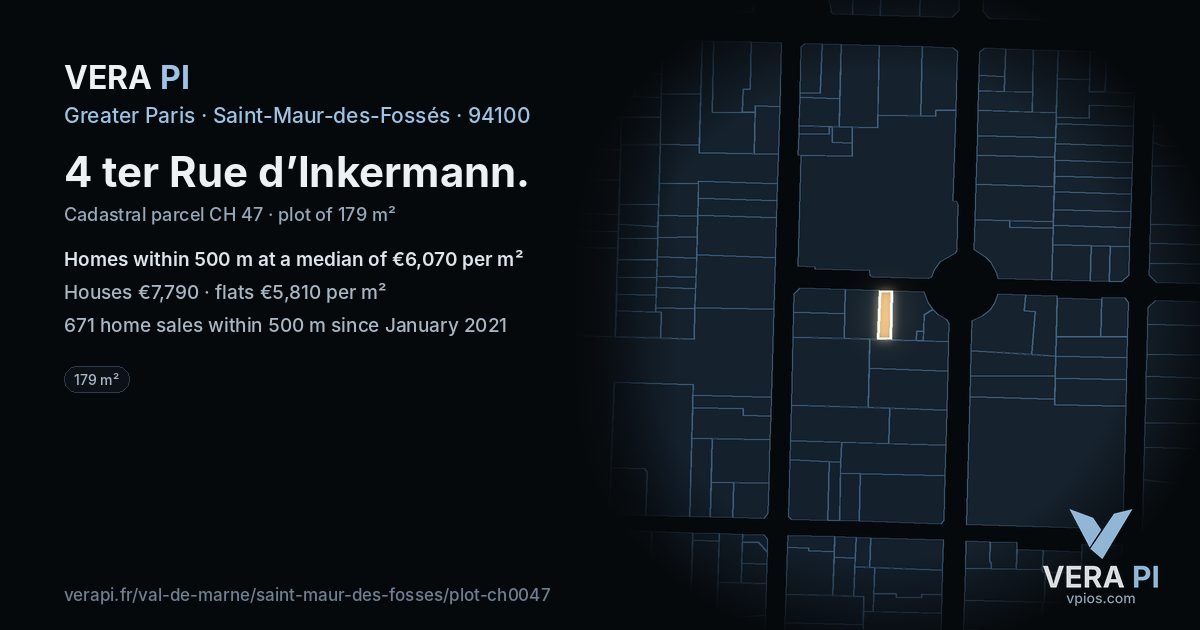 4 ter Rue d’Inkermann, Saint-Maur-des-Fossés at night – the plot lit, the parcels around coloured by the prices near them