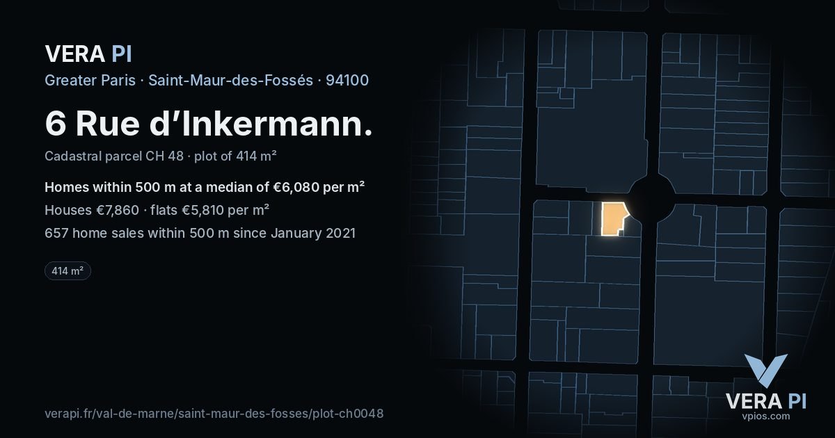 6 Rue d’Inkermann, Saint-Maur-des-Fossés at night – the plot lit, the parcels around coloured by the prices near them