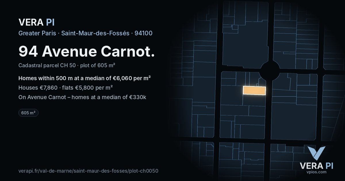 94 Avenue Carnot, Saint-Maur-des-Fossés at night – the plot lit, the parcels around coloured by the prices near them