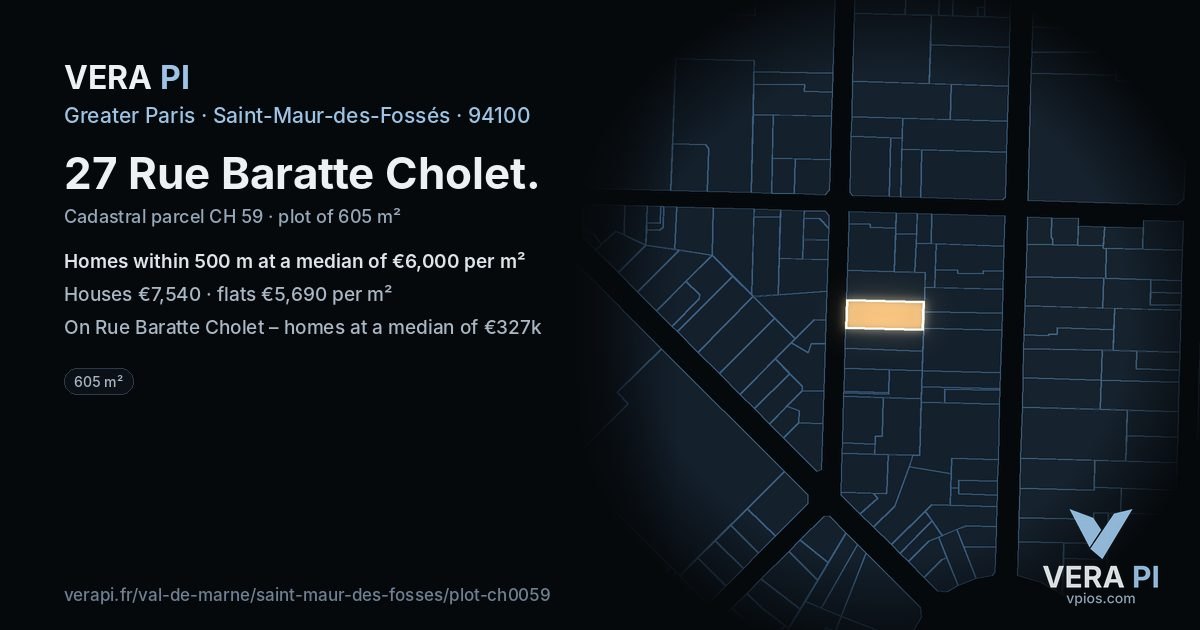 27 Rue Baratte Cholet, Saint-Maur-des-Fossés at night – the plot lit, the parcels around coloured by the prices near them