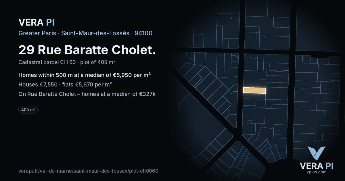 29 Rue Baratte Cholet, Saint-Maur-des-Fossés at night – the plot lit, the parcels around coloured by the prices near them